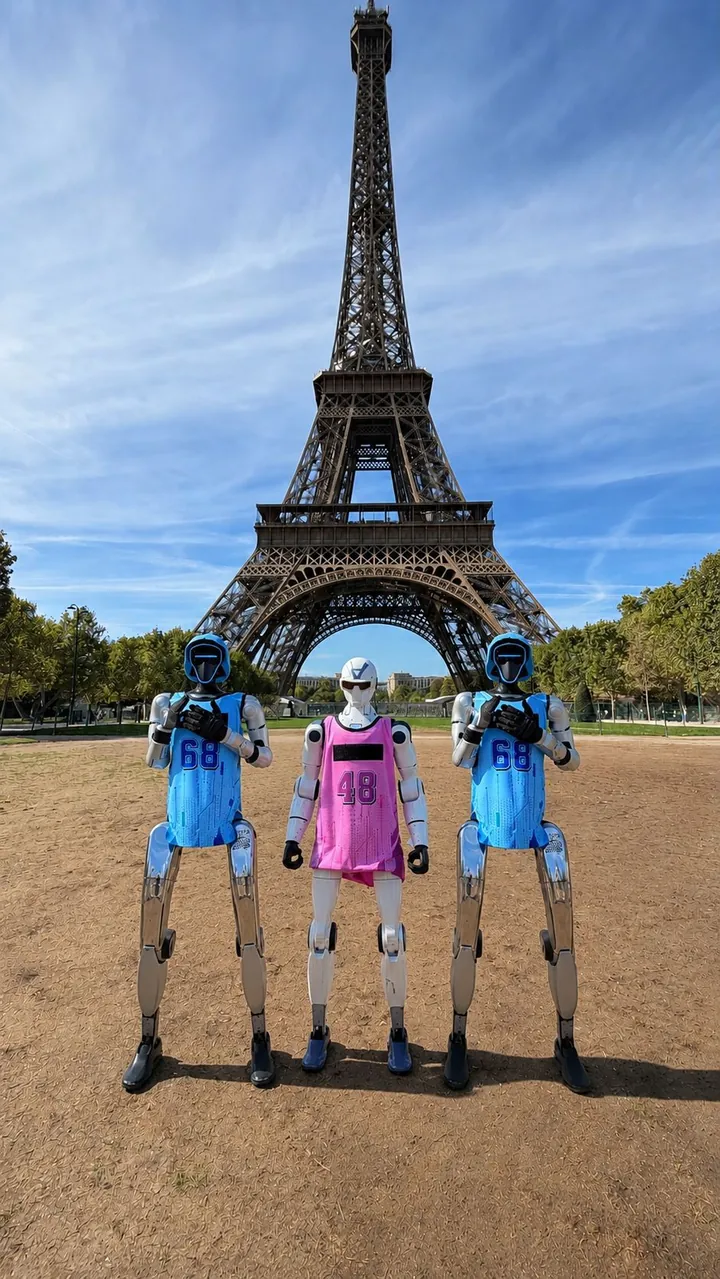 Three ROBOrevue humanoid robots in Paris by the Eiffel Tower